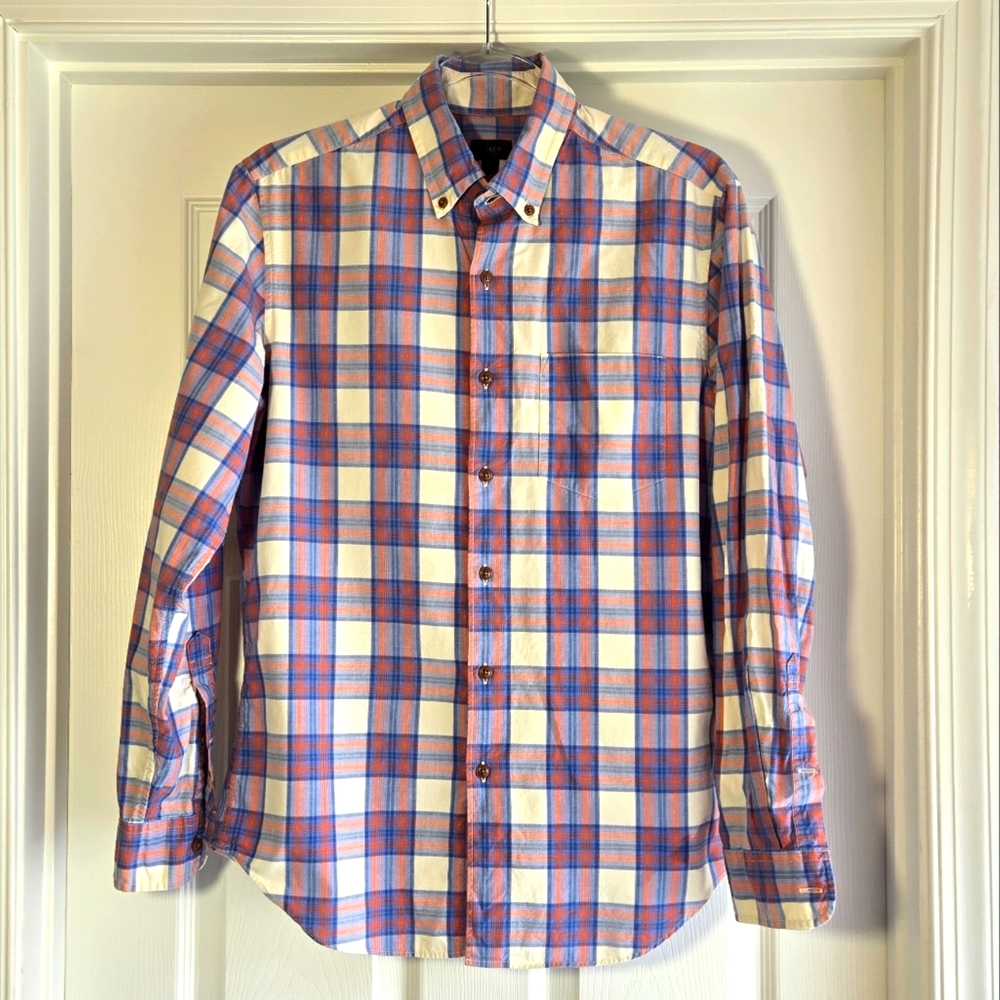J.Crew Mens Blue White Orange Plaid Long Sleeve Button Down Shirt  Size S Cotton